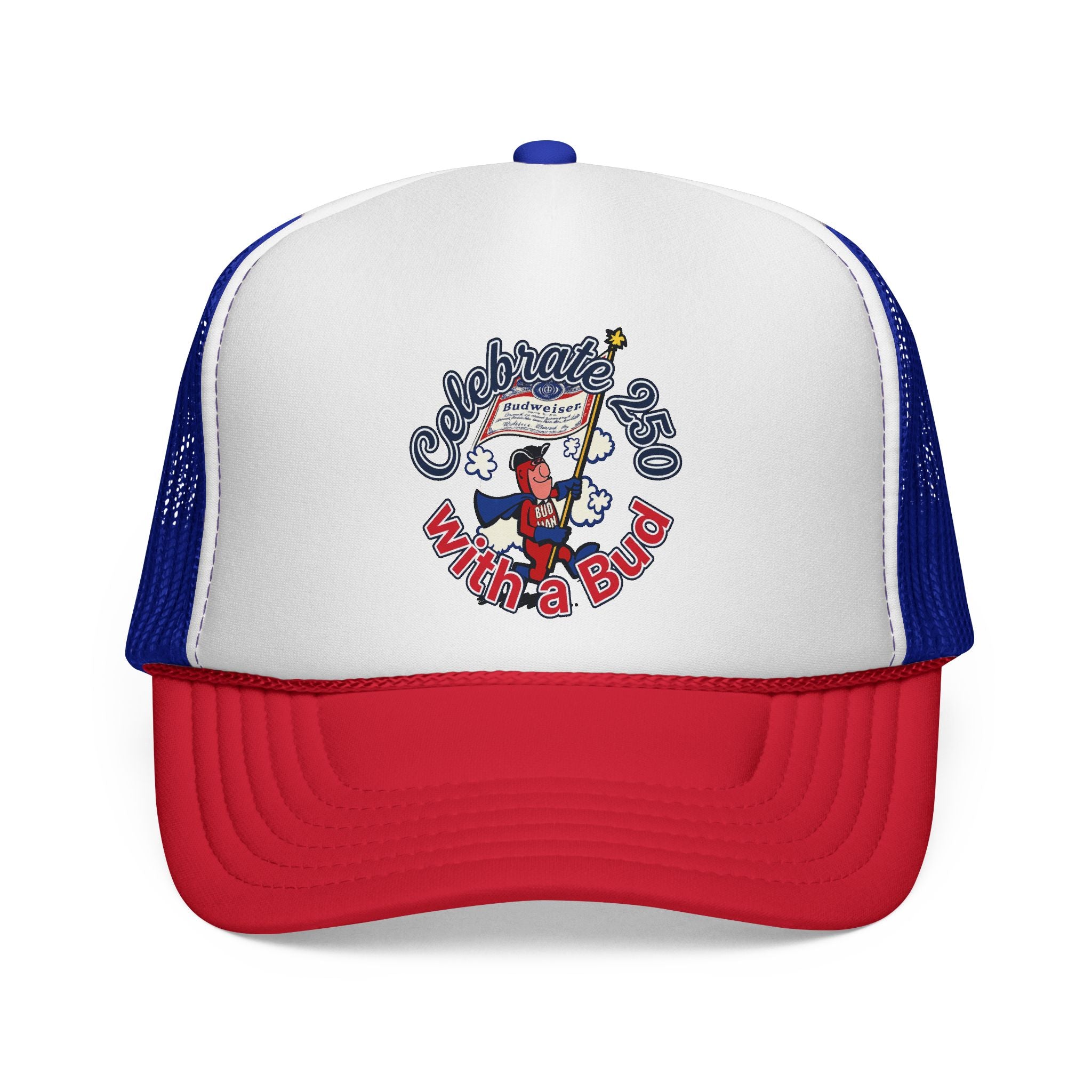 Retro Bud Man Marches with Budweiser Flag Trucker Hat