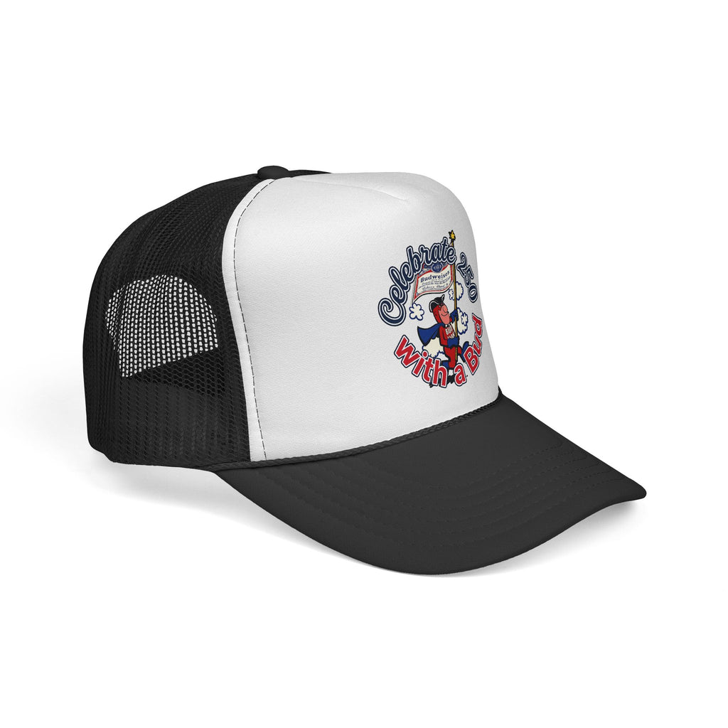 Retro Bud Man Marches with Budweiser Flag Trucker Hat